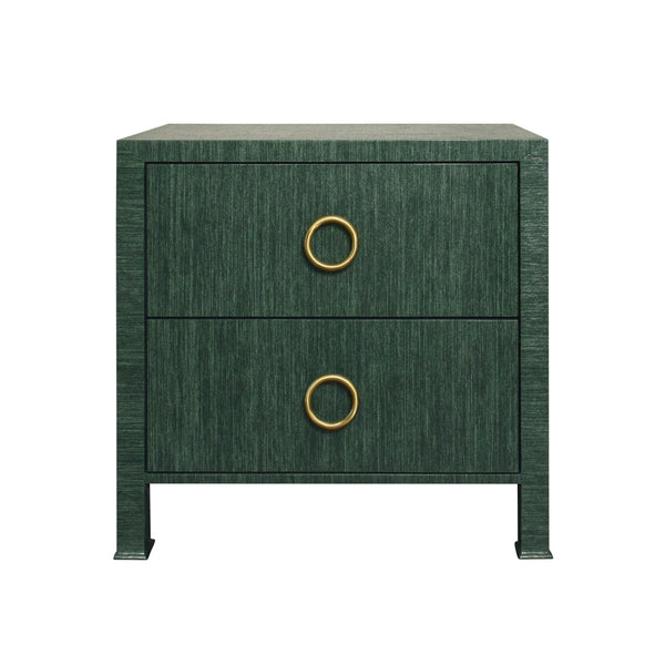 TWO DRAWER SIDE TABLE WITH ANTIQUE BRASS CIRCLE HARDWARE IN DYED GREEN GRASSCLOTH