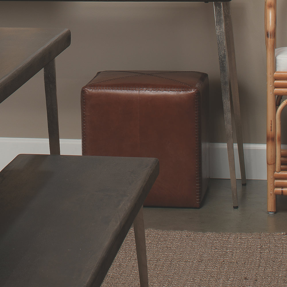 Tobacco Leather Ottoman, Small