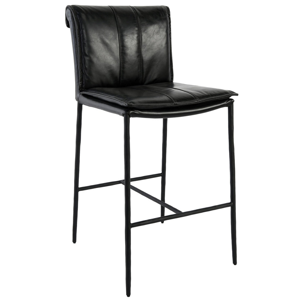 Mayer Leather Counter Stool with Hammered Iron Legs - Jet Black