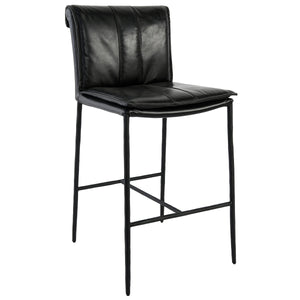 Mayer Leather Counter Stool with Hammered Iron Legs - Jet Black