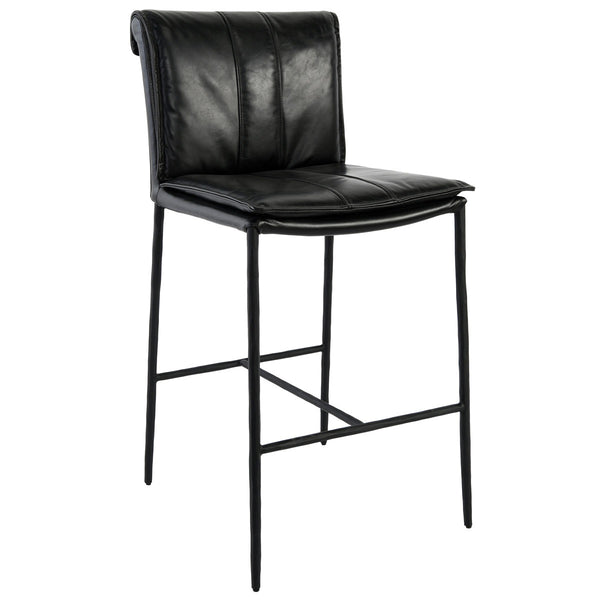 Mayer Leather Counter Stool with Hammered Iron Legs - Jet Black
