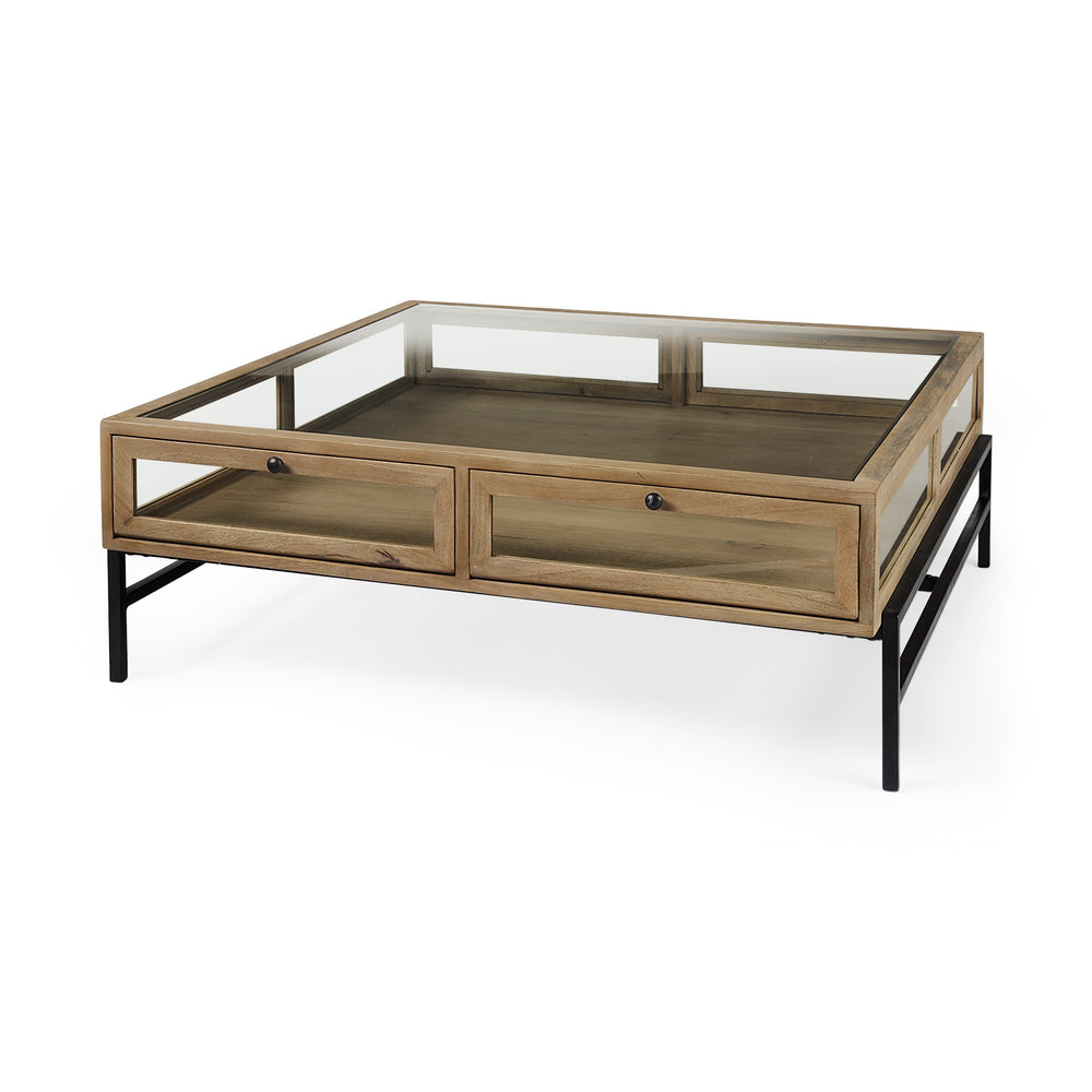 Arelius 42" Square Glass-Top Light Brown w/ Black Metal Base Display Coffee Table