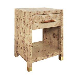 ONE DRAWER SIDE TABLE WITH RATTAN WRAPPED HANDLE IN BURL WOOD