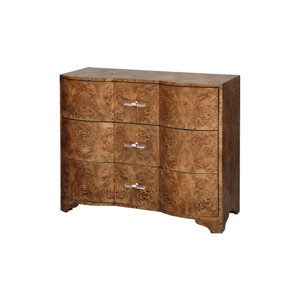 3 DRAWER CHEST IN DARK BURL WOOD WITH ACRYLIC HARDWARE