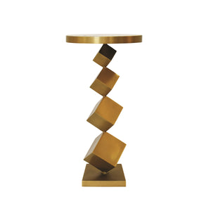 STACKED CUBE BASE SIDE TABLE IN ANTIQUE BRASS WITH INSET WHITE MARBLE TOP