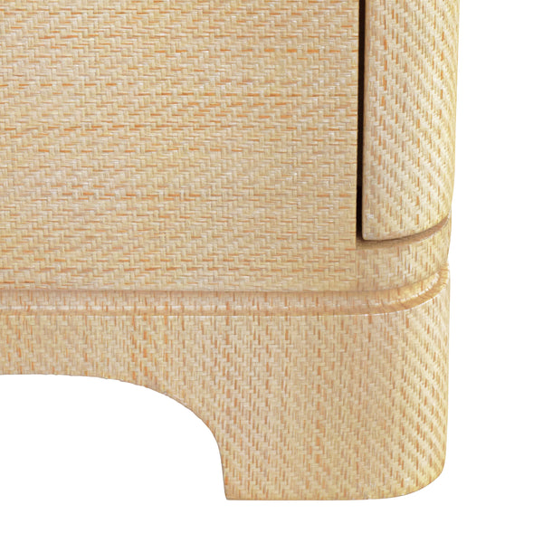 THREE DRAWER ROUNDED EDGE SIDE TABLE WITH BRASS BEETLE KNOB IN NATURAL GRASSCLOTH