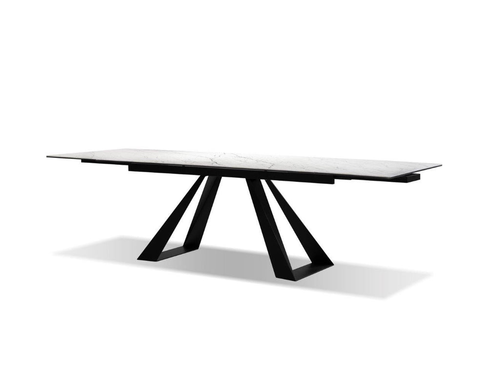 BRIDGE Dining Table in white carrera ceramic/black PC base