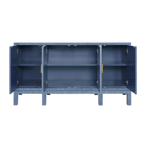 FOUR DOOR BUFFET WITH LARGE BRASS SQUARE HARDWARE IN BLUE DYED GRASSCLOTH