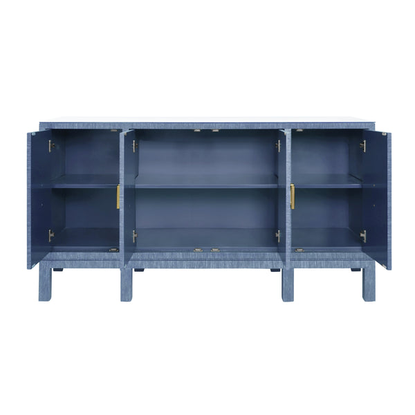 FOUR DOOR BUFFET WITH LARGE BRASS SQUARE HARDWARE IN BLUE DYED GRASSCLOTH