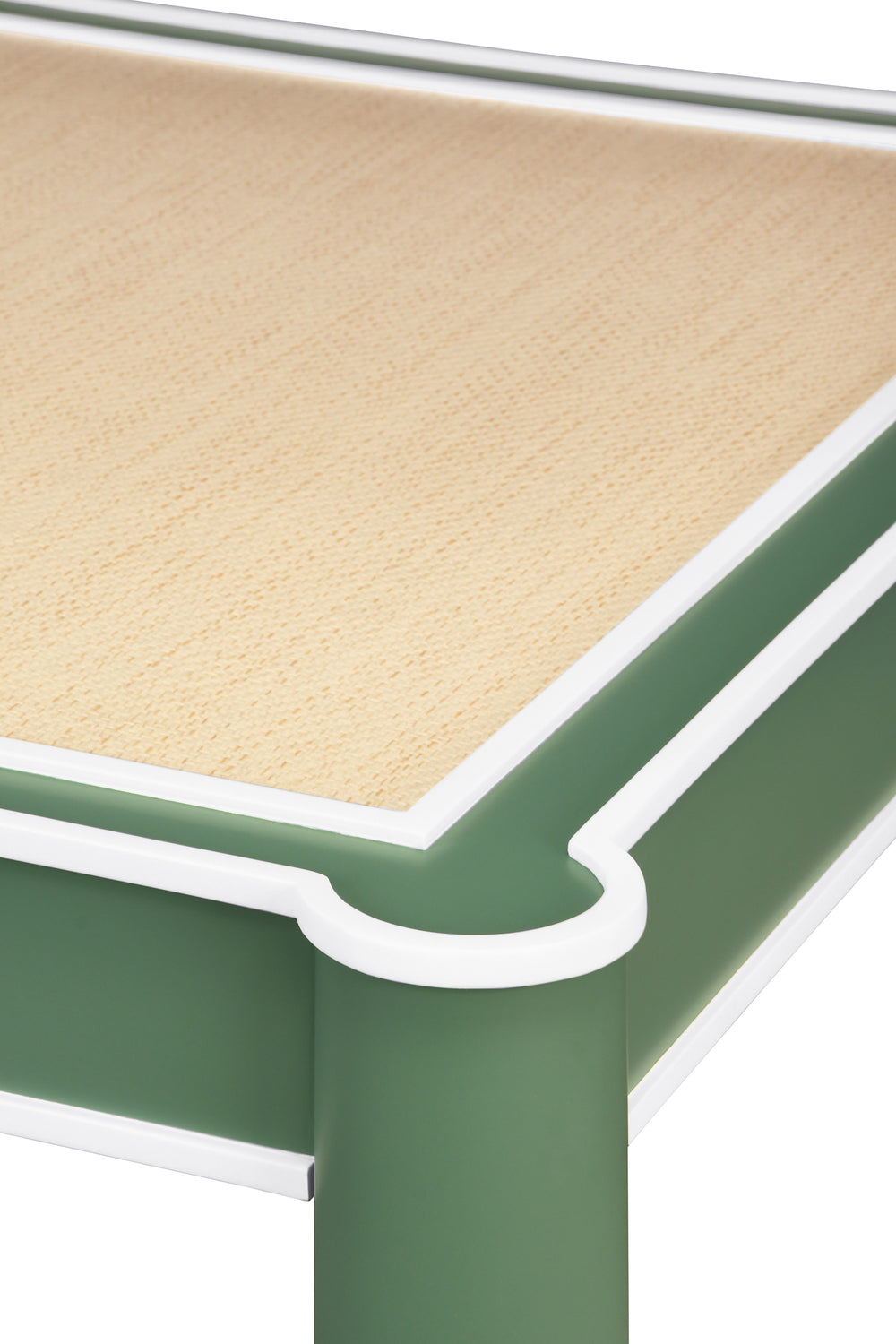 SQUARE TWO DRAWER ROUND LEG GAME TABLE IN MATTE GREEN LACQUER WITH MATTE WHITE LACQUER EDGING
