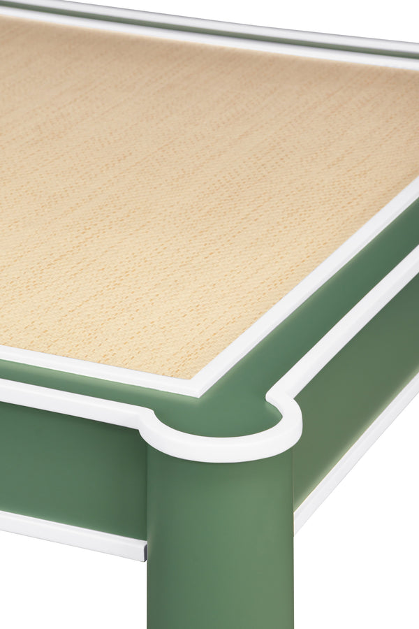 SQUARE TWO DRAWER ROUND LEG GAME TABLE IN MATTE GREEN LACQUER WITH MATTE WHITE LACQUER EDGING