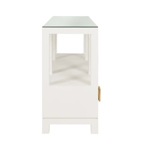 OPEN SHELF CONSOLE WITH THREE BOTTOM DRAWERS AND SQUARE SATIN BRASS HARDWARE IN WHITE TEXTURED LINEN