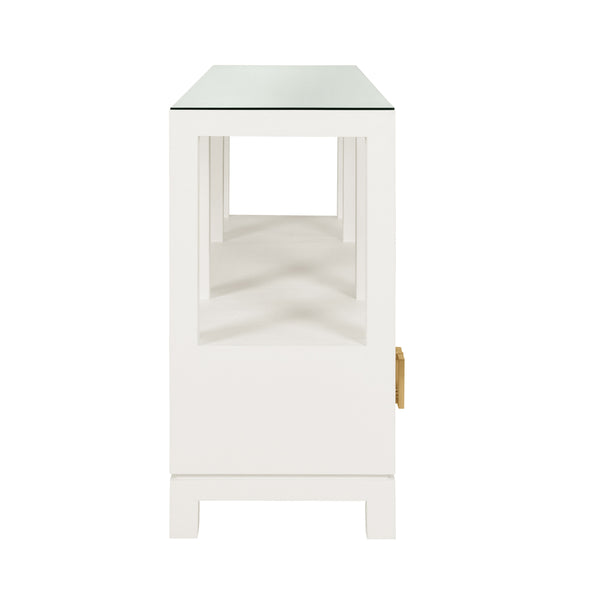 OPEN SHELF CONSOLE WITH THREE BOTTOM DRAWERS AND SQUARE SATIN BRASS HARDWARE IN WHITE TEXTURED LINEN