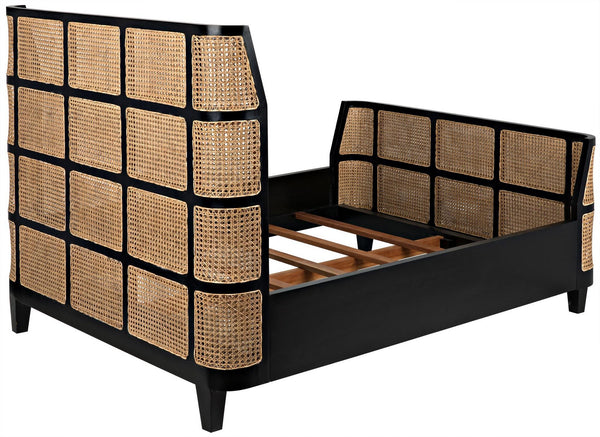 Porto Queen Bed in Hand-Rubbed Black Mahogany with Caning Detail