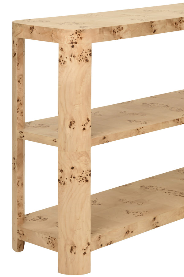 TIER TIER CONSOLE WITH CURVED CORNERS IN BURL WOOD