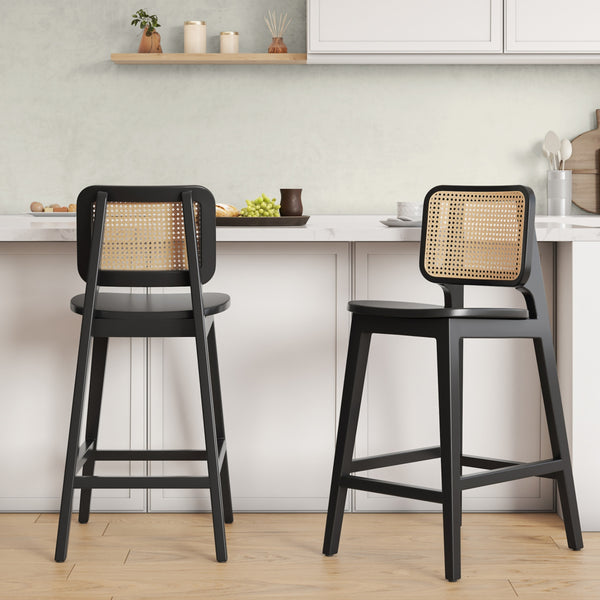 Maury Wood Counter Stool w/ Rattan, Black/Natural