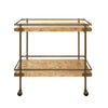 ANTIQUE BRASS BAR CART WITH SHELVES IN BURL WOOD