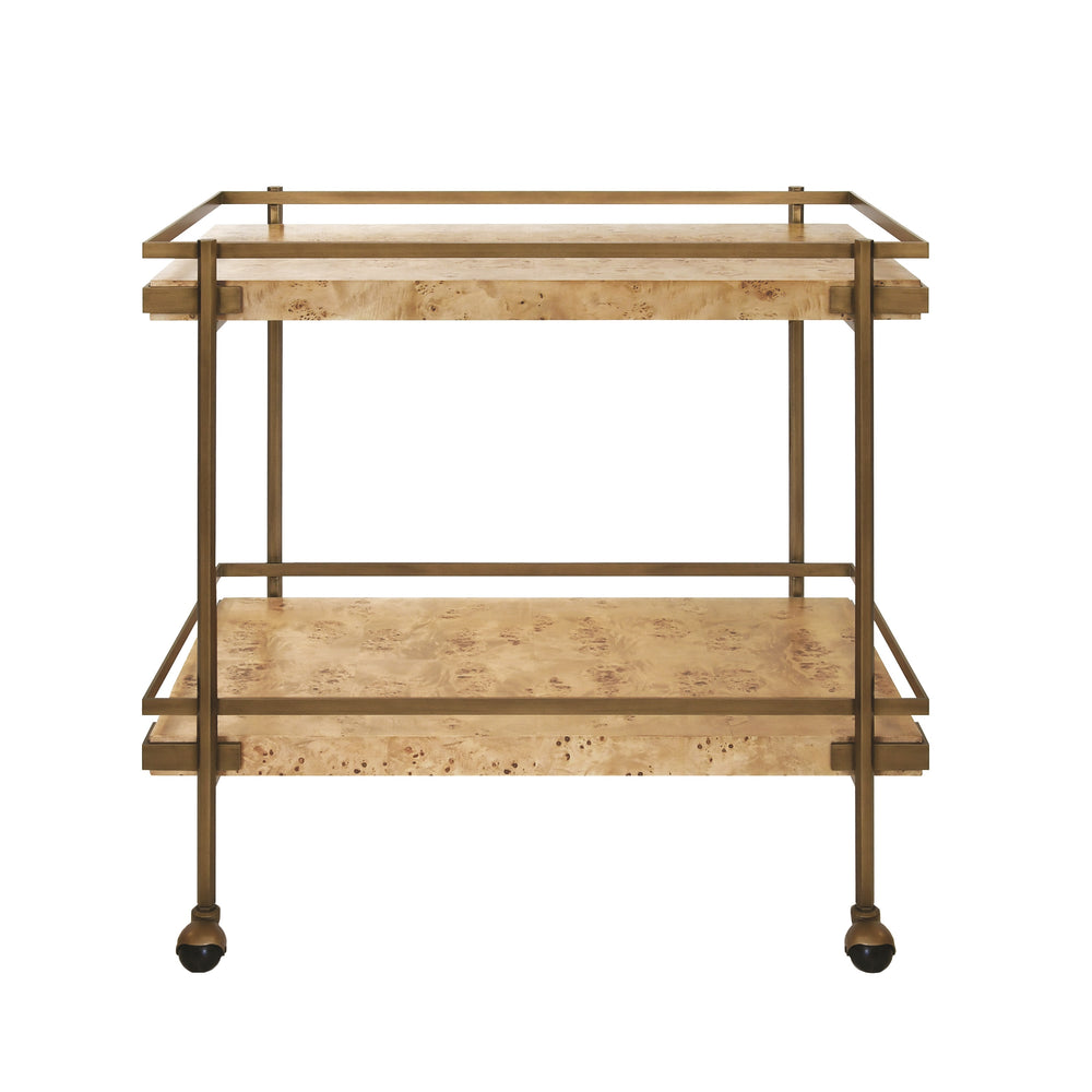 ANTIQUE BRASS BAR CART WITH SHELVES IN BURL WOOD