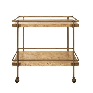 ANTIQUE BRASS BAR CART WITH SHELVES IN BURL WOOD