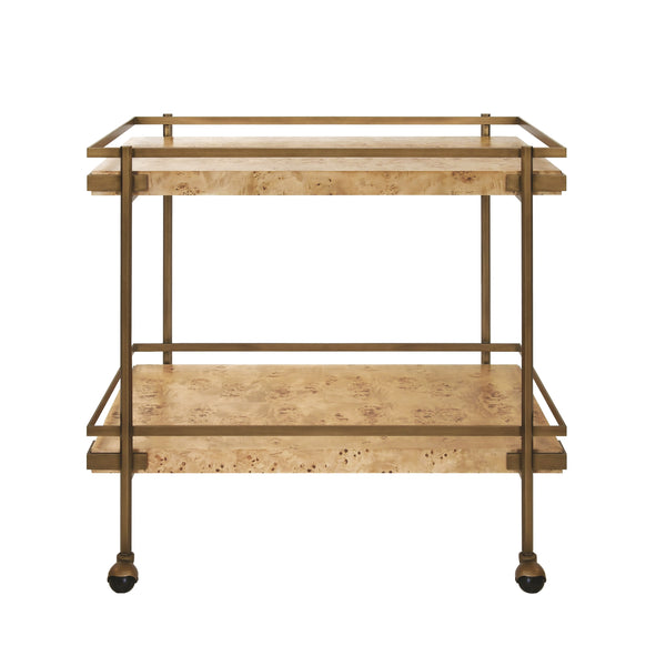 ANTIQUE BRASS BAR CART WITH SHELVES IN BURL WOOD