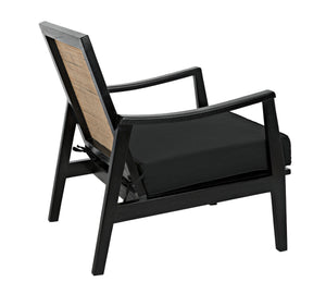Lichtenstein Sungkai and Mindi Wood Chair with Peeled Rattan Detailing in Charcoal Black with Black Cotton Upholstery