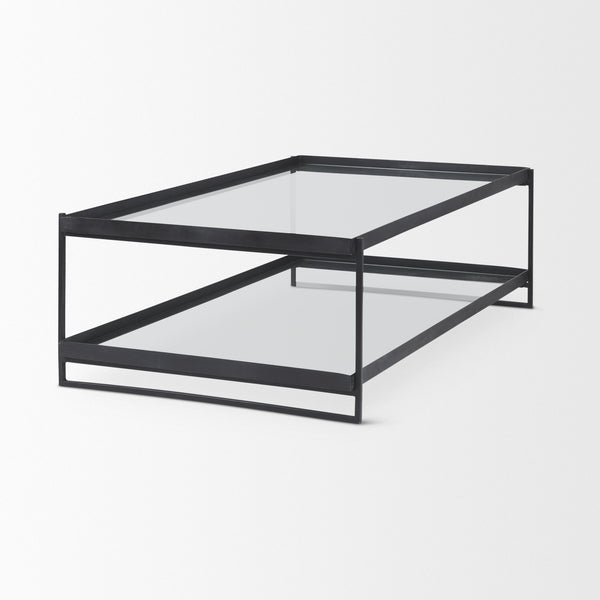 Trey 56"L x 32"W x 17"H Black Metal W/Glass Coffee Table