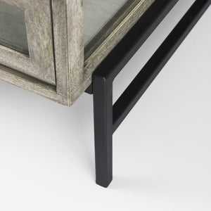 Arelius 42" Square Glass-Top Gray Wood w/ Black Metal Base Display Coffee Table