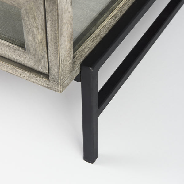 Arelius 42" Square Glass-Top Gray Wood w/ Black Metal Base Display Coffee Table