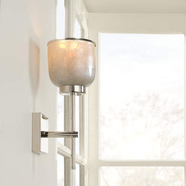 Vapor Single Sconce, Nickel and Blue Opal Metallic Glass
