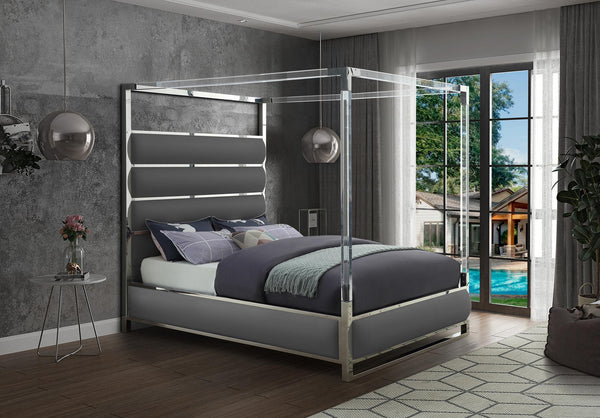 Renee King Bed In Grey Faux Leather