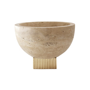TRAVERTINE MARBLE BOWL WITH RIBBED BRASS BASE