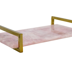 PINK QUARTZ TRAY WITH BRASS HANDLES