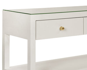 THREE DRAWER CONSOLE WITH TWO OPEN SHELVES IN WHITE TEXTURED LINEN WITH POLISHED BRASS KNOBS