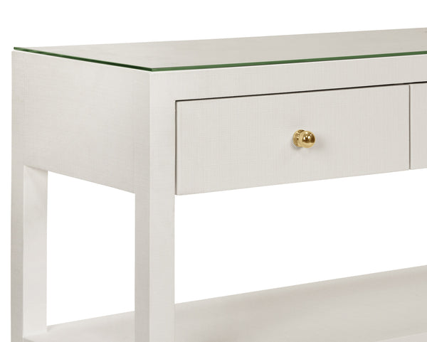 THREE DRAWER CONSOLE WITH TWO OPEN SHELVES IN WHITE TEXTURED LINEN WITH POLISHED BRASS KNOBS