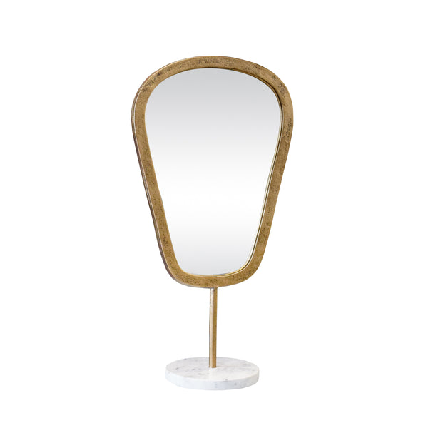 SMALL TABLE TOP MIRROR IN AGED GOLD FINISH ON WHITE MARBLE BASE