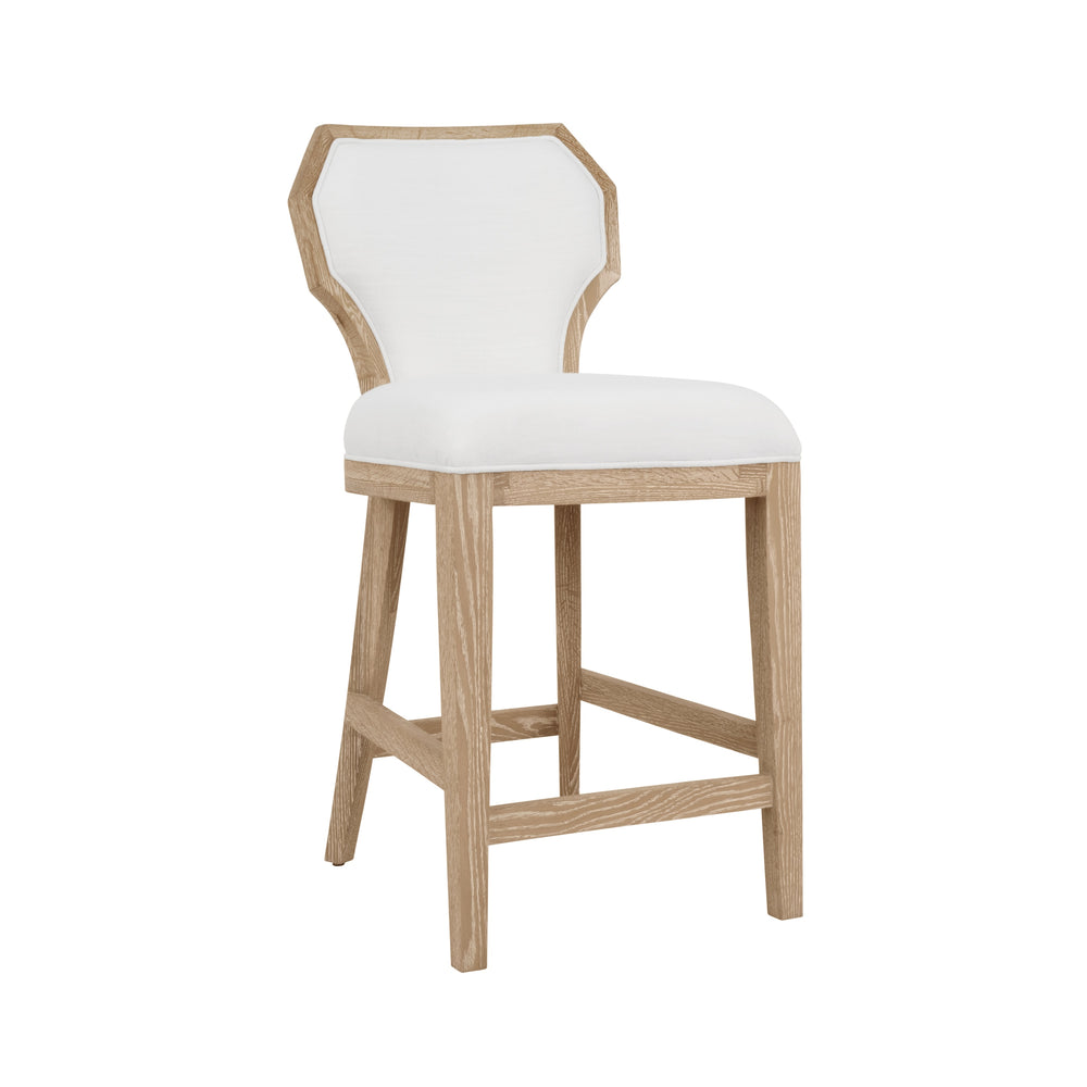 COUNTER STOOL WITH CURVED ANGLE BACK IN CERUSED OAK WITH PERFORMANCE WHITE LINEN UPHOLSTERY