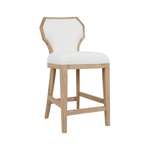 COUNTER STOOL WITH CURVED ANGLE BACK IN CERUSED OAK WITH PERFORMANCE WHITE LINEN UPHOLSTERY