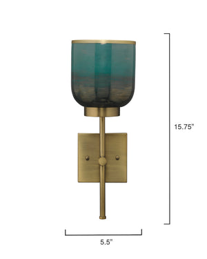 Vapor Single Sconce, Antique Brass and Aqua Metallic Glass