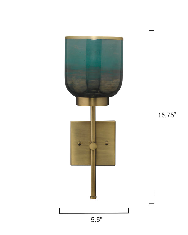 Vapor Single Sconce, Antique Brass and Aqua Metallic Glass