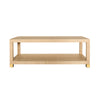 COFFEE TABLE WITH ANTIQUE BRASS FOOT CAPS IN NATURAL GRASSCLOTH