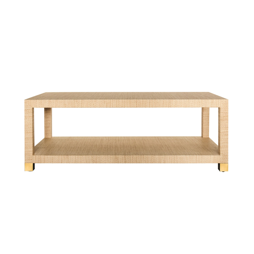 COFFEE TABLE WITH ANTIQUE BRASS FOOT CAPS IN NATURAL GRASSCLOTH