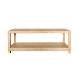 COFFEE TABLE WITH ANTIQUE BRASS FOOT CAPS IN NATURAL GRASSCLOTH