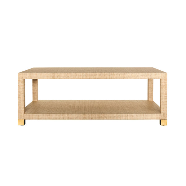COFFEE TABLE WITH ANTIQUE BRASS FOOT CAPS IN NATURAL GRASSCLOTH