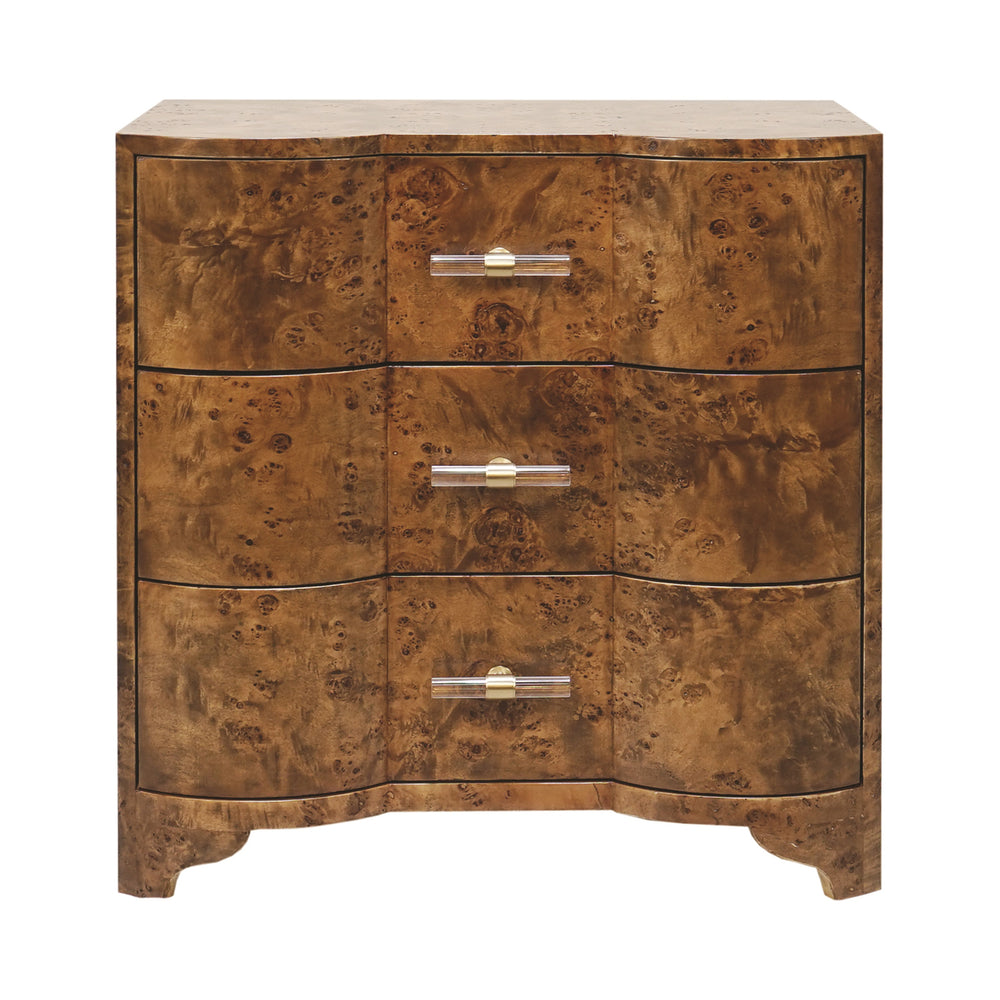 THREE DRAWER SIDE TABLE IN DARK BURL WOOD WITH ACRYLIC HARDWARE