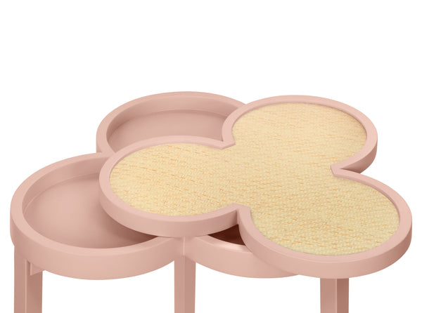 CLOVER CIGAR TABLE WITH REVERSIBLE LACQUER AND NATURAL GRASSCLOTH TOP IN MATTE PINK LACQUER