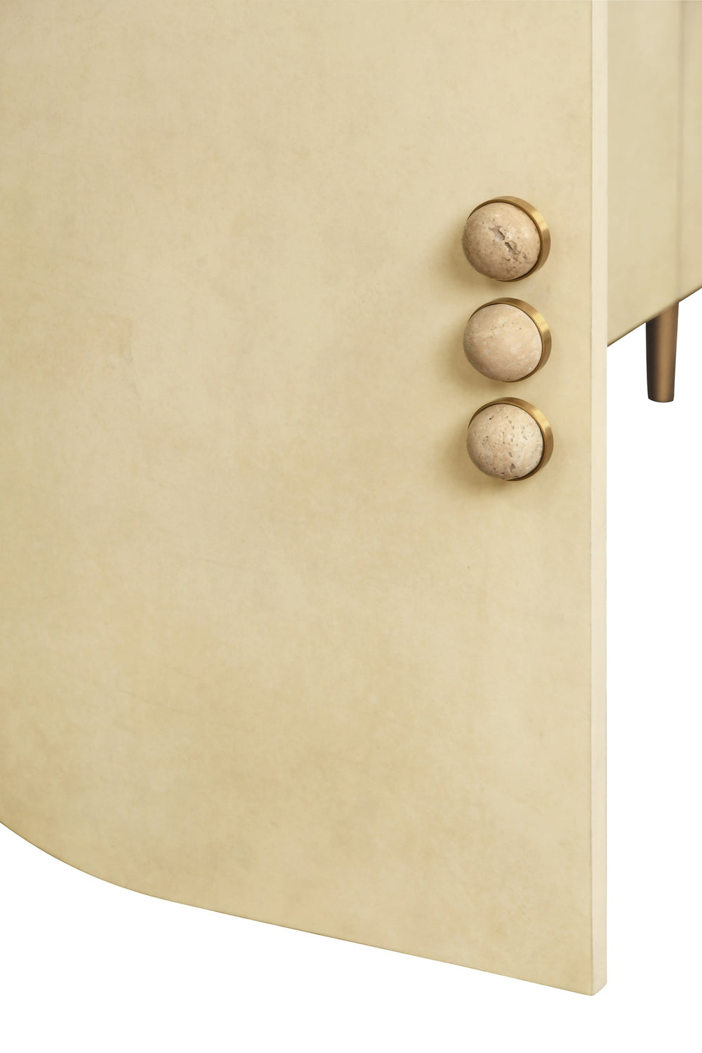 FOUR DOOR BUFFET WITH CURVED BOTTOM CORNERS AND STONE HARDWARE IN FAUX PARCHMENT