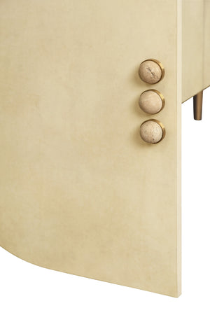 FOUR DOOR BUFFET WITH CURVED BOTTOM CORNERS AND STONE HARDWARE IN FAUX PARCHMENT
