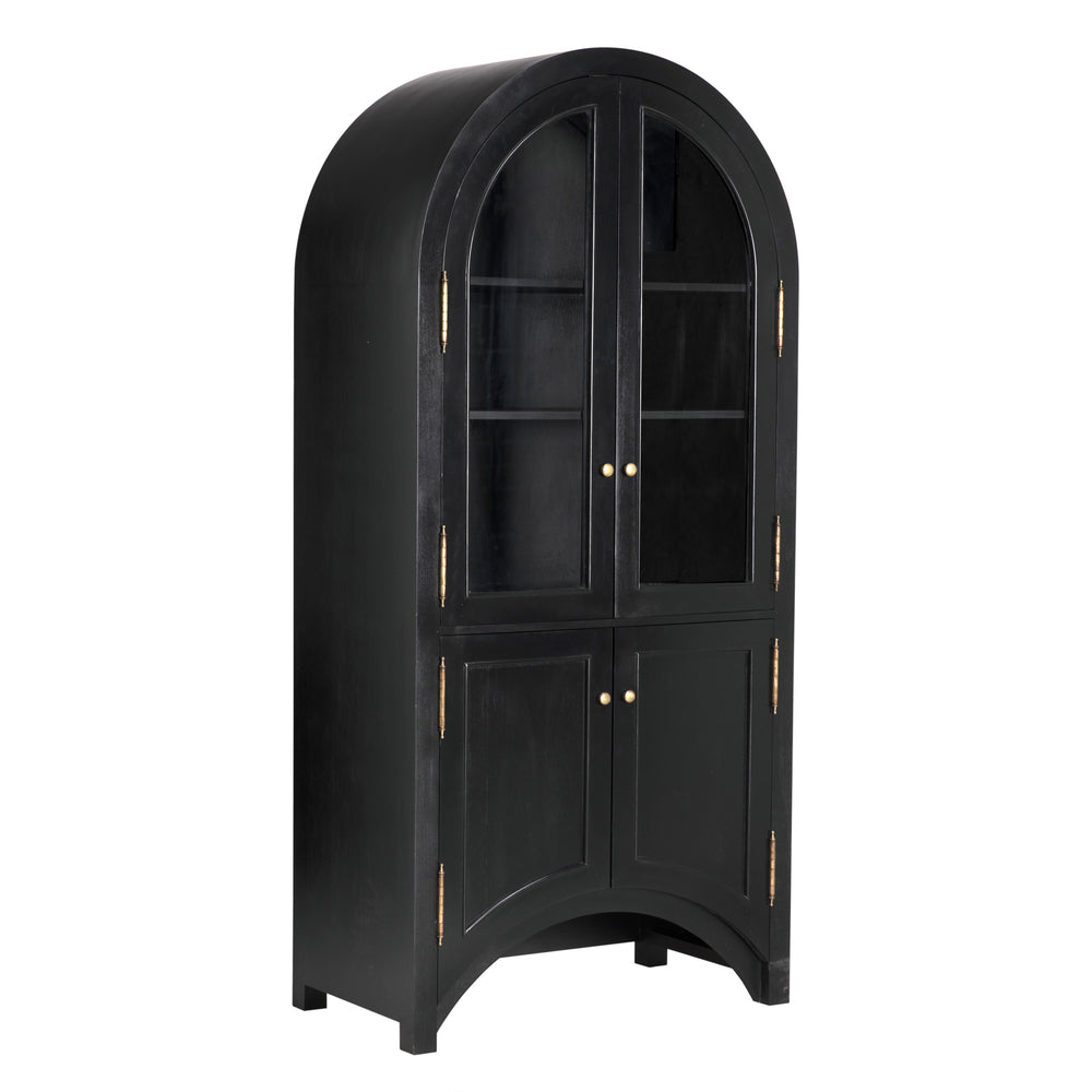 Haring Hutch in Hand-Rubbed Black Mahogany with Glass Insets and Brass Pulls