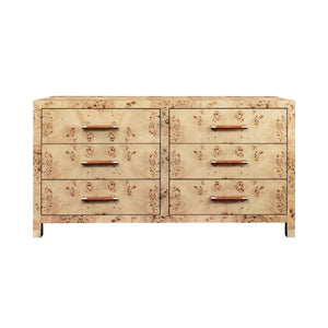 SIX DRAWER CHEST WITH RATTAN WRAPPED HANDLES IN BURL WOOD
