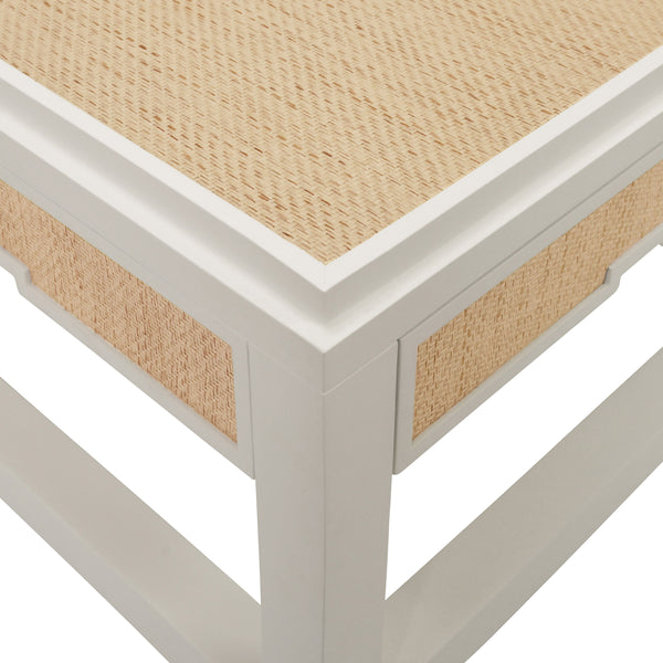TWO HIDDEN DRAWER COFFEE TABLE WITH MATTE WHITE LACQUER FRAME AND INSET NATURAL GRASSCLOTH